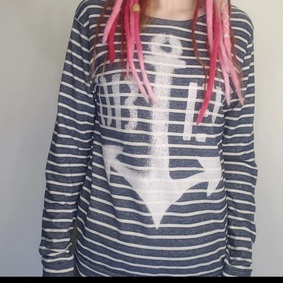 Obey Top Womens Long Sleeve Shirt Striped Blue Anchor Medium Spray Paint  NEW - Picture 3 of 10